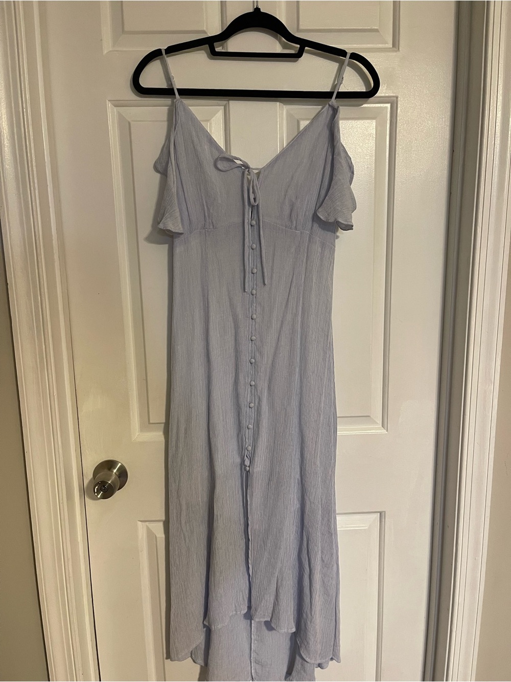 Astr Pale Blue Cold-Shoulder Button-Front High-Low Maxi Dress